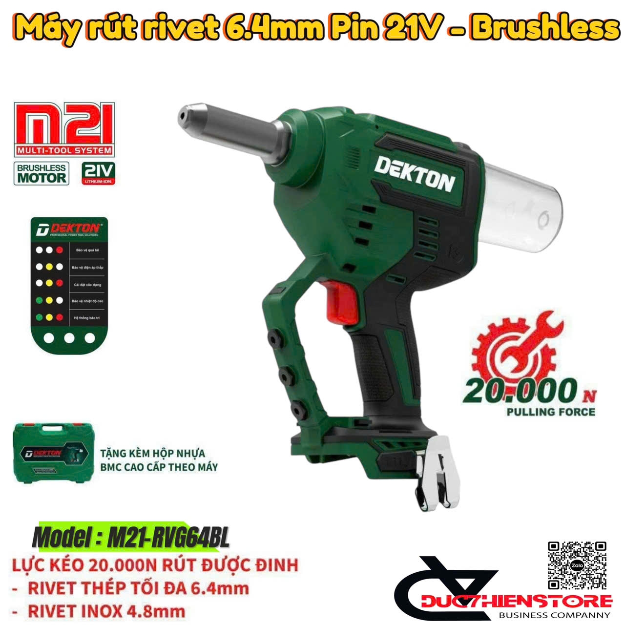 Máy rút rive 6.4mm Pin 21V Dekton M21-RVG64BL Brushless - ĐỨC 7 hiền