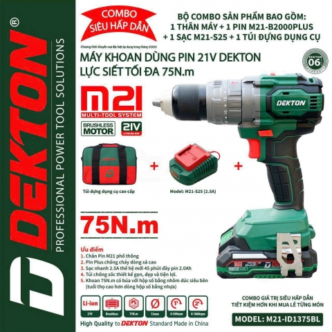 COMBO máy khoan PIN 3 chức năng 75Nm DEKTON M21-ID1375BL