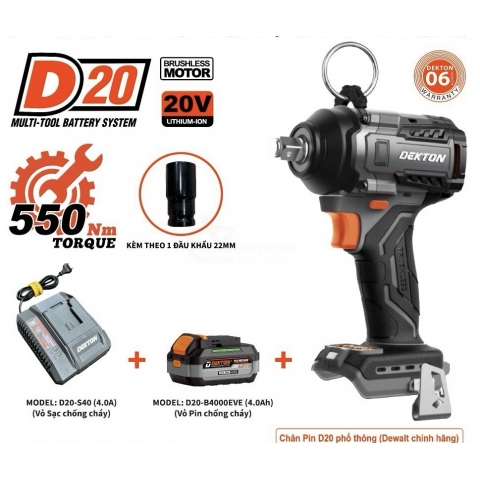 Combo  Máy Siết Bulong Pin Dekton D20-IW550PRO ( Chân Pin D20 Dewalt )