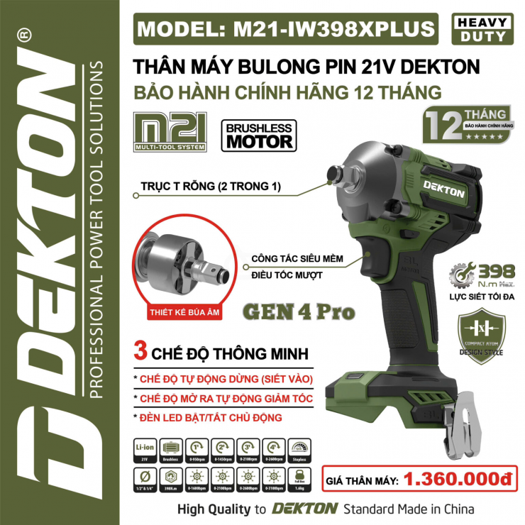 Máy siết bulong Pin 21V Dekton M21-IW398XPLUS ( chưa Pin & Sạc )