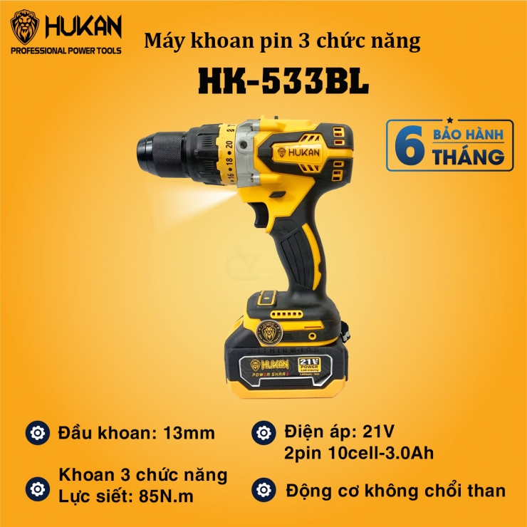 Combo Máy Khoan Pin 13mm Hukan HK-533BL 75Nm