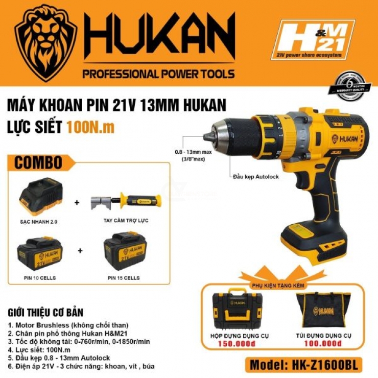Thân Máy Khoan Pin HuKan HK-Z1600BL Phiên Bản Nâng Cấp ( Chưa Pin & Sạc )