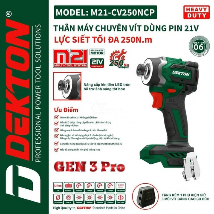 Máy bắt vít Pin 21V Dekton M21-CV250NCP Brushless Gen 3 