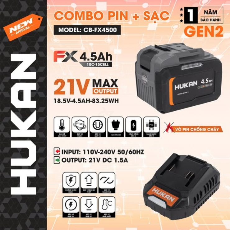 Pin 4.5Ah Hukan CB-FX4500 & Sạc