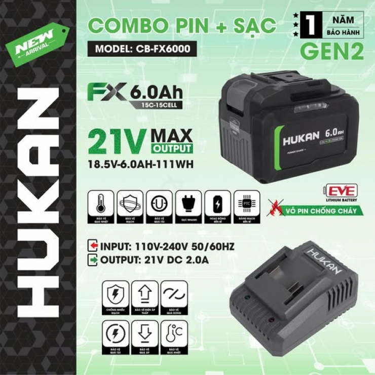 Pin 6.0Ah Hukan CB-FX6000 & Sạc