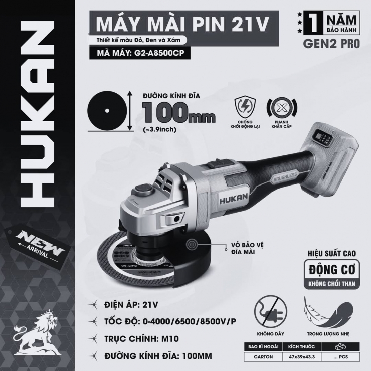 Máy cắt mài pin 21V Hukan G2-A8500CP Brushless ( chưa Pin & Sạc )