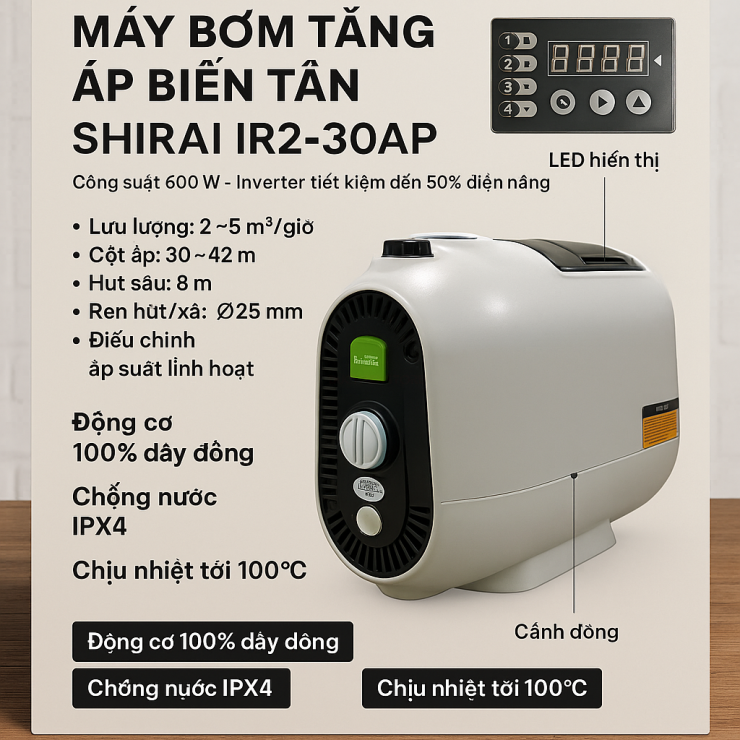 Bơm tăng áp biến tần 600W Shirai IR2-30AP Inverter