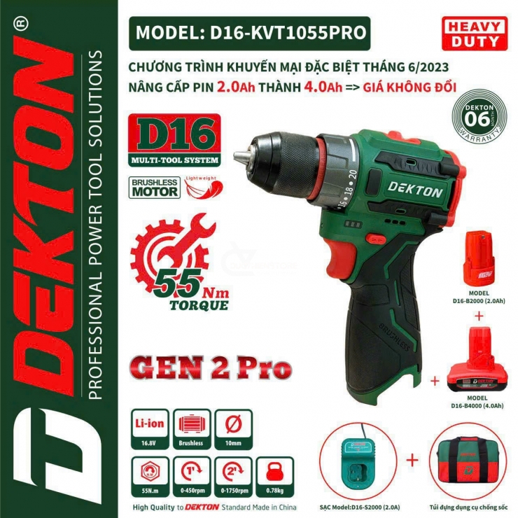 COMBO khoan pin 10mm DEKTON D16-KTV1055PRO GEN2