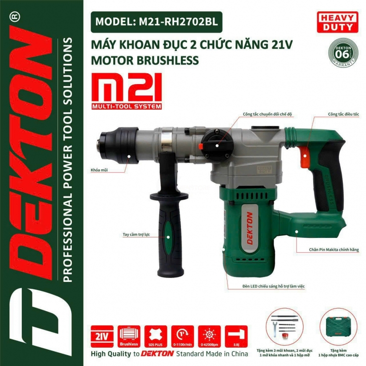 Combo Máy Khoan Đục Bê Tông Pin Dekton M21-RH2702Bl