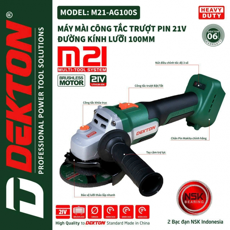 Máy mài góc 100mm Pin 21V Deton M21-AG100BT