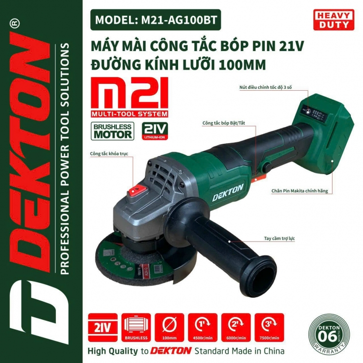 Máy mài Pin 21V Dekton M21-AG100BT Brushless công tắc bóp