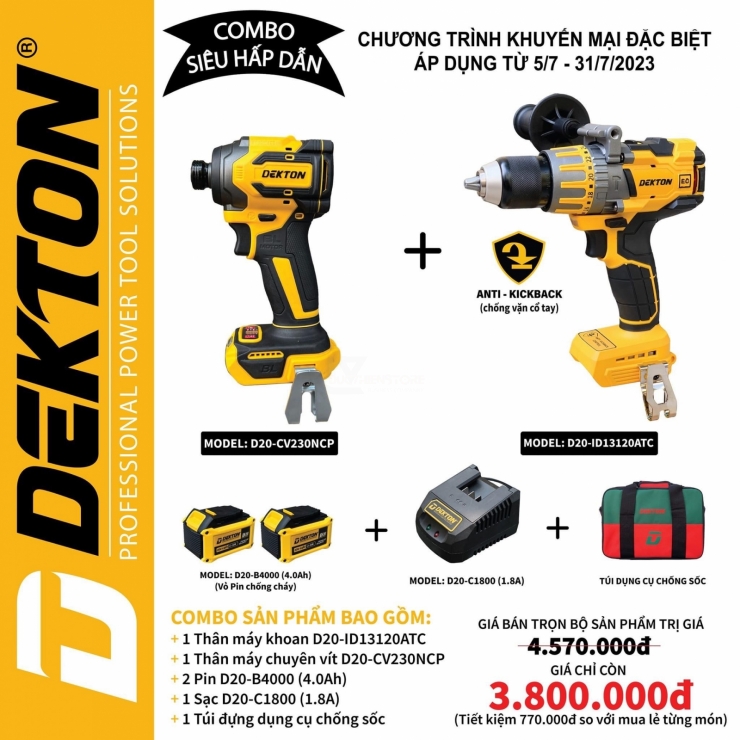 COMBO máy khoan120Nm và chuyên vít 230Nm DEKTON D20 khuyến mãi lớn trong tháng 7