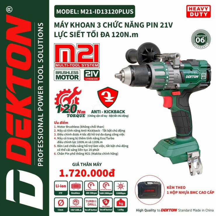 Máy Khoan động lực 120Nm Pin 21V Dekton M21-ID13120PLUS