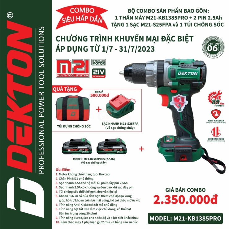 COMBO máy khoan Pin 13mm DEKTON M21-KB1385PRO siêu tiết kiệm
