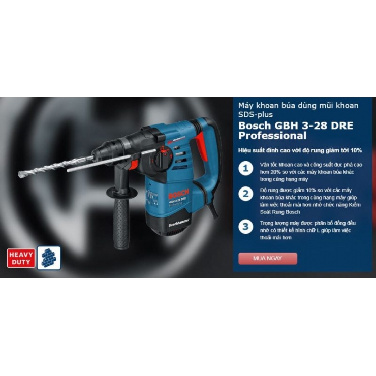Máy khoan bê tông 28mm Bosch GBH 3-28 DRE 3 chức năng 800W