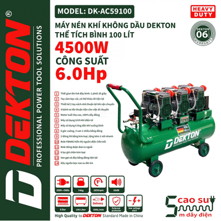 Máy Nén Khí Không Dầu Dekton DK-AC89160  9Hp bình 160lít ( mẫu mới )