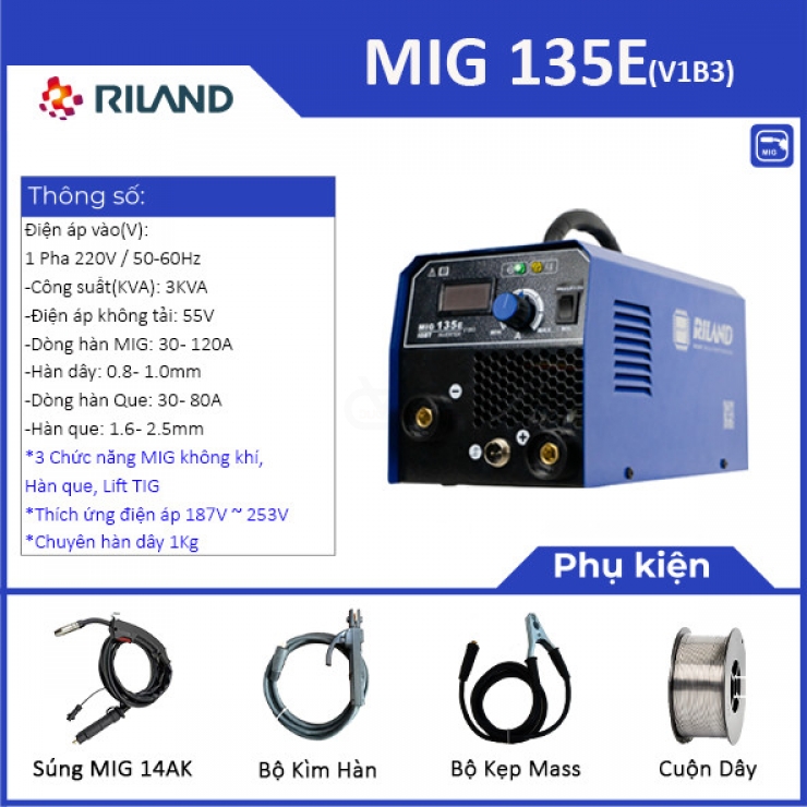 Máy hàn Mig 3 chức năng Riland MIG 135E không dùng khí