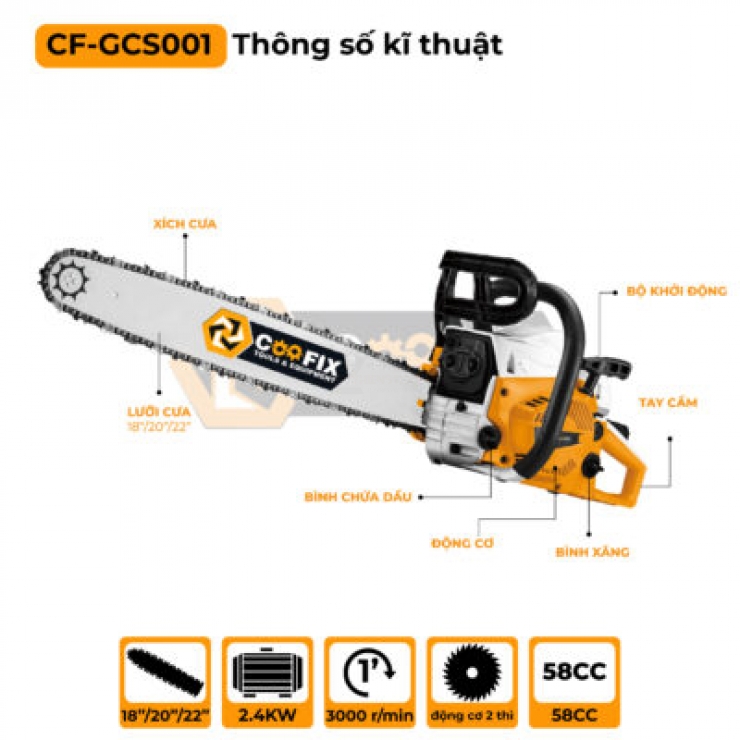 Máy cưa xích chạy xăng 58CC Coofix CF-GCS001 ( 18-20-22 Inch )