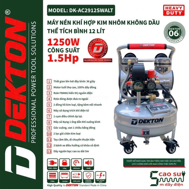 Máy nén  khí  bình hợp kim nhôm không dầu Dekton DK-2910ALT 1.5Hp bình 10lít