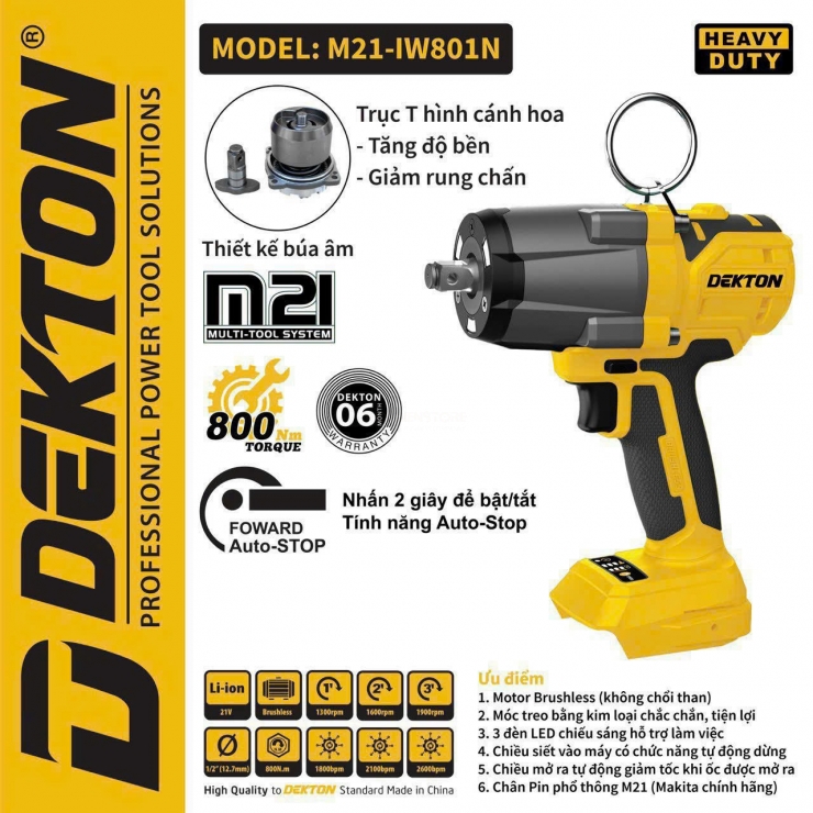 Combo Máy Siết Bulong Dekton Dùng Pin M21-IW801N 800N.M