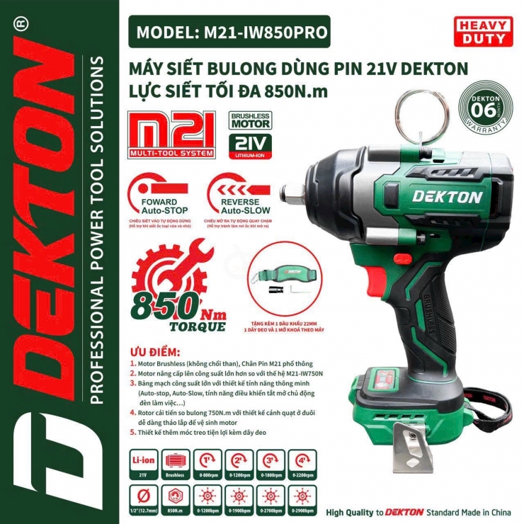 Combo Thân Máy Siết Bulong Pin 21V Dekton M21-IW850Pro