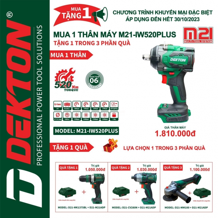 Máy Siết Bulong Pin 520Nm DEKTON M21-IW520PLUS