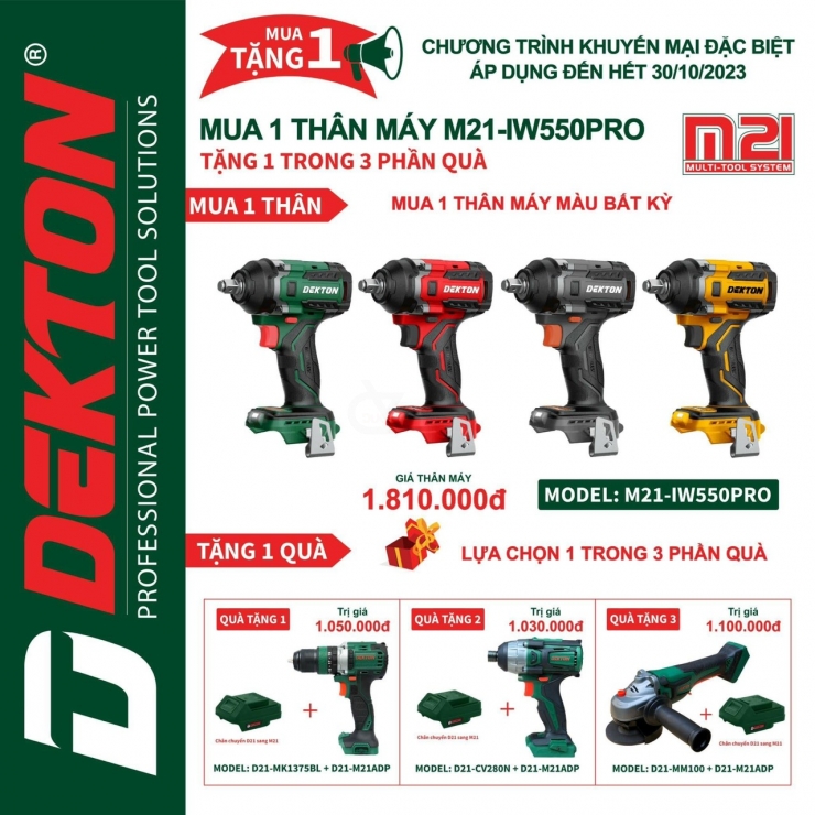 Combo Máy Siết Bu Lông Dùng Pin 21V Dekton M21-IW550PRO phiên bản limited