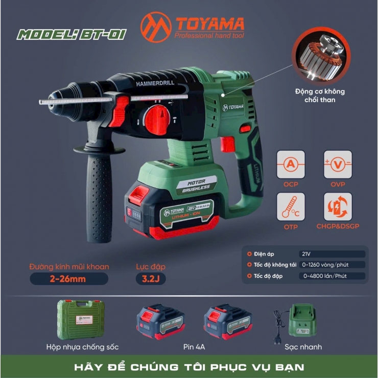 Combo Máy Khoan Bê Tông Dùng Pin Toyama BT-01 3 chức năng