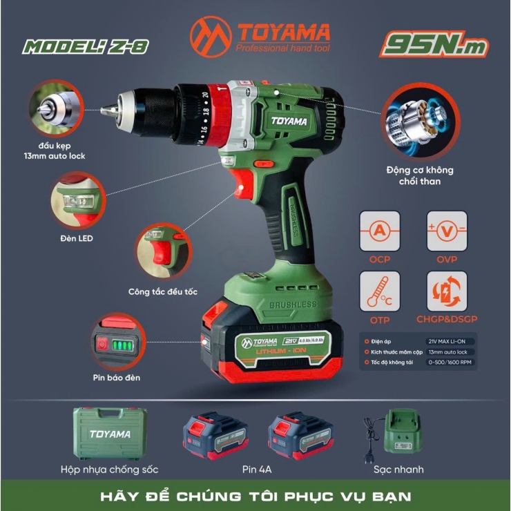 COMBO Máy Khoan Pin Toyama Z-8 PRO ( Antikick Back )