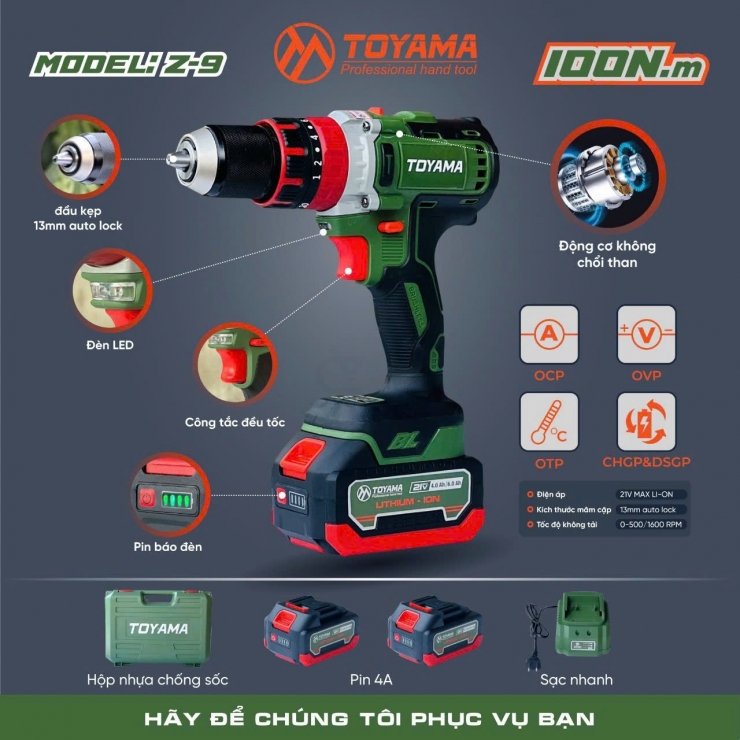 Máy khoan Pin 21V Toyama Z-9 Brushless