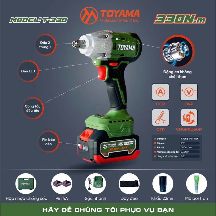 Combo Máy Siết Bulong 330Nm Dùng Pin Toyama T330 