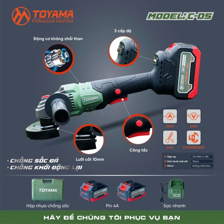 Máy mài góc 100mm Pin 21V Toyama C-05 Brushless Antikick Back on/off