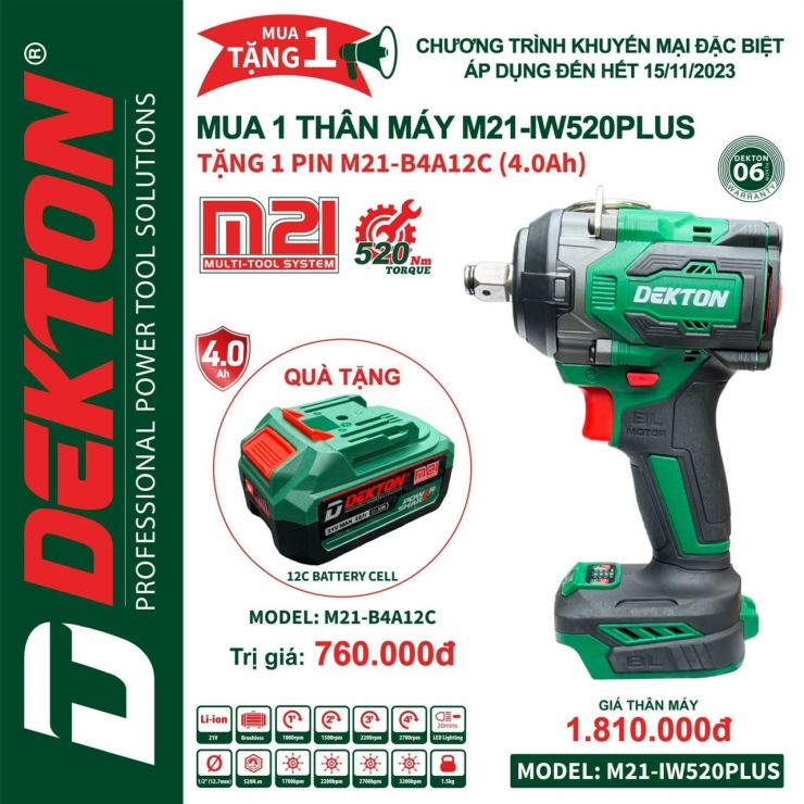 Thân Máy Siết Bulong Pin 21V DEKTON M21-IW520PLUS ( Chưa Pin & Sạc )
