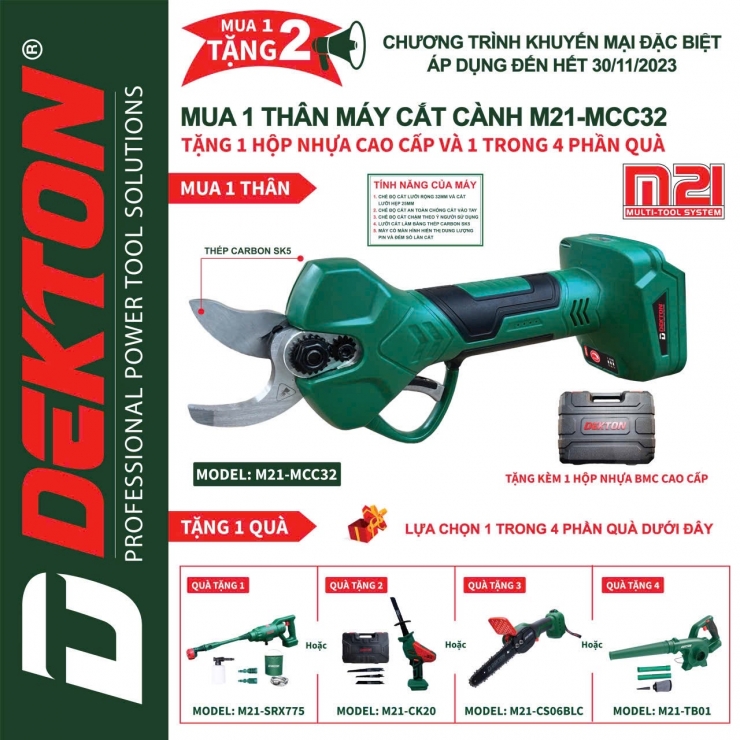 Thân Kéo Cắt Cành Dùng Pin 21V Dekton M21-MCC30 ( Chưa Pin & Sạc )