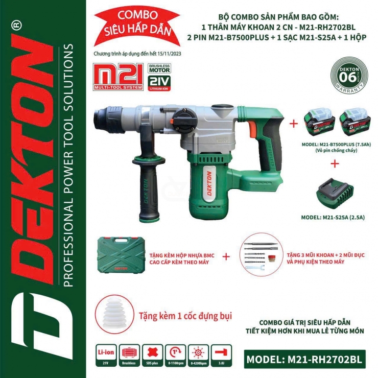 Combo Máy Khoan Đục Bê Tông Pin Dekton M21-RH2702Bl