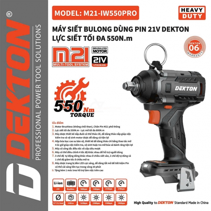 Thân Máy Siết Bulong Pin Dekton M21-IW550PRO ( Chưa Pin & Sạc )