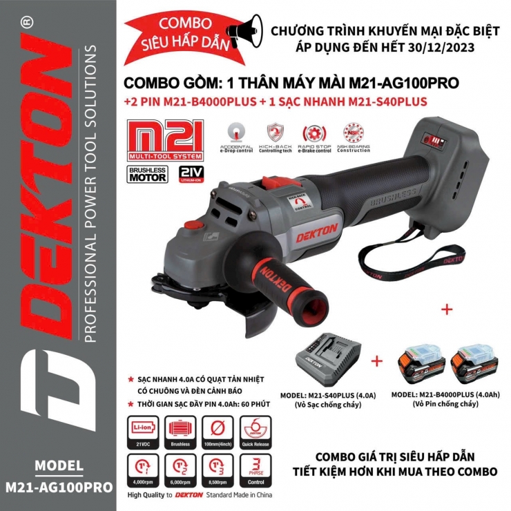Thân Máy Mài Góc Dùng Pin 21V Dekton M21-AG100Pro ( Chưa Pin & Sạc )