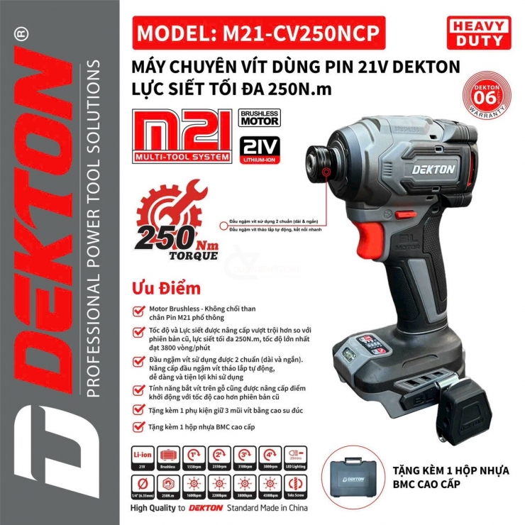 Máy bắt vít Pin 21V Dekton M21-CV250NCP Brushless