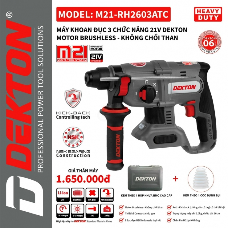 Máy khoan bê tông Pin 21V Dekton M21-RH2603ATC Antikick Back