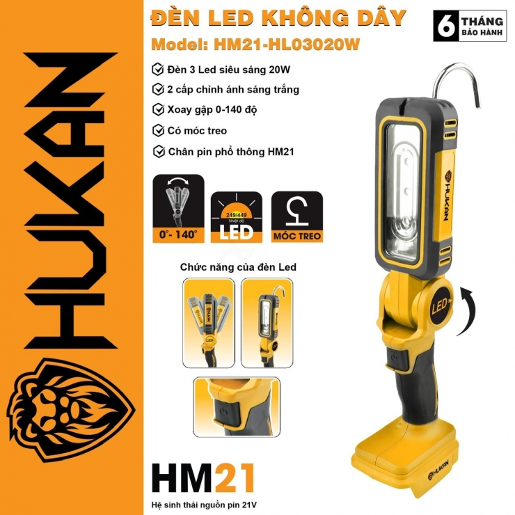 Thân Đèn Led Gập Dùng Pin 21V Hukan HM21-HLO3020W