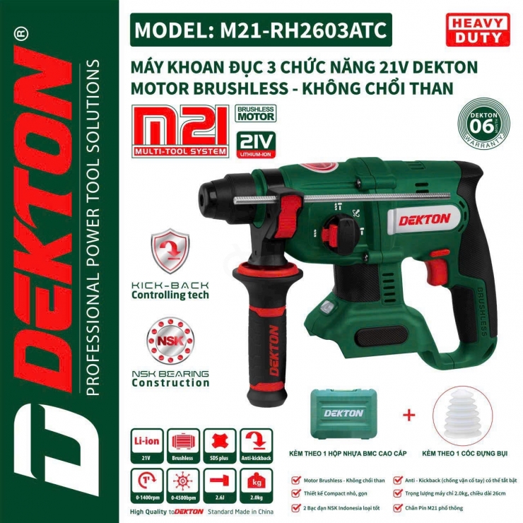 Máy khoan bê tông Pin 21V Dekton M21-RH2603ATC Antikick Back