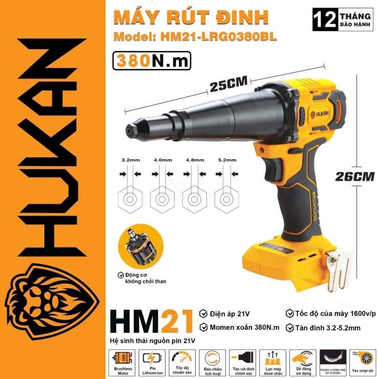 Thân Máy Rút Rivet 5.2mm Dùng Pin Hukan HM21-LRG0380BL ( Chưa Pin & Sạc )