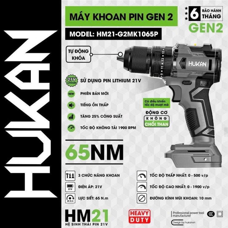Thân Máy Khoan Pin 10mm Hukan HM21-G2MK1065P ( Chưa Pin & Sạc )