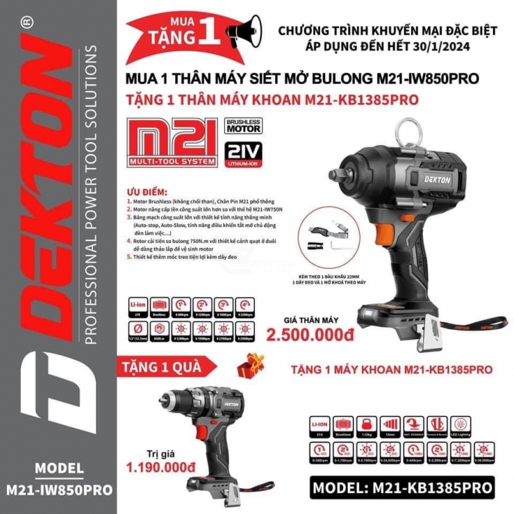 Thân Máy Siết Bulong Pin Dekton M21-IW850Pro ( Chưa Pin & Sạc )