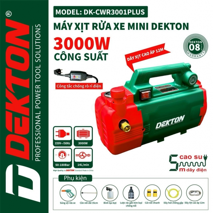 Máy rửa xe cao áp 3000W Dekton DK-CWR3001PLUS chỉnh áp - chống giật