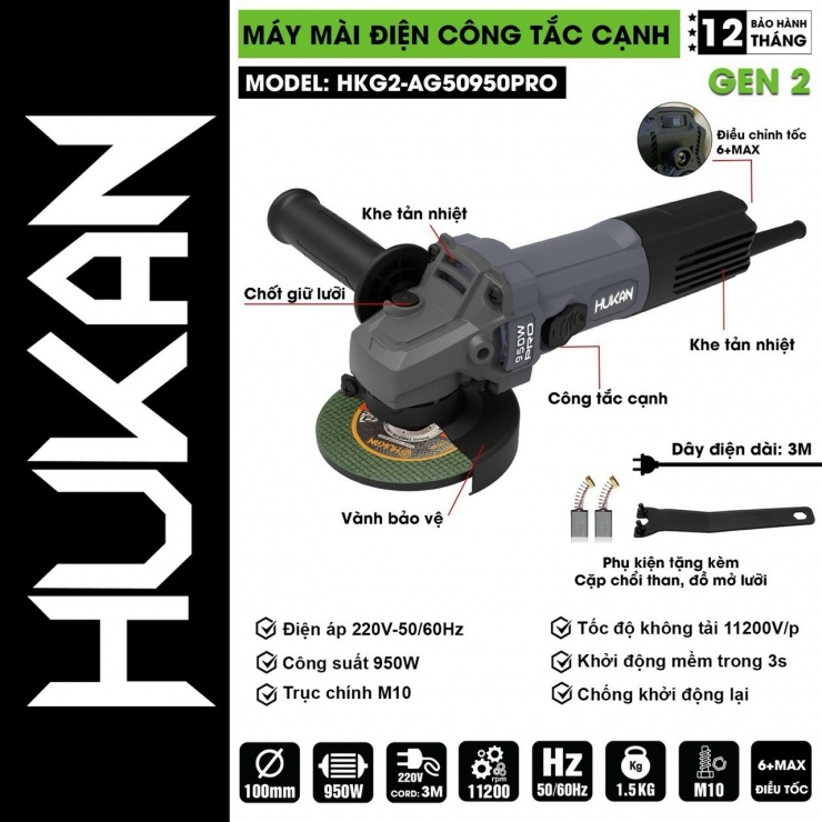 Máy mài góc 950W Hukan HKG2-AG50950Pro chỉnh tốc