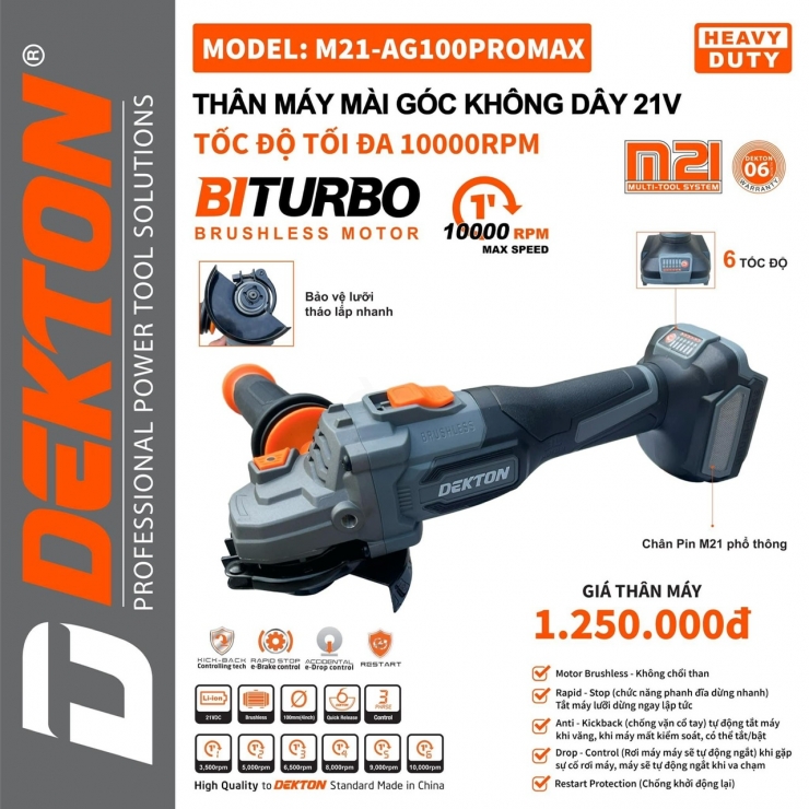 Máy Mài Dùng Pin Dekton M21-AG100PROMAX BITURBO ( Chưa Pin & Sạc )