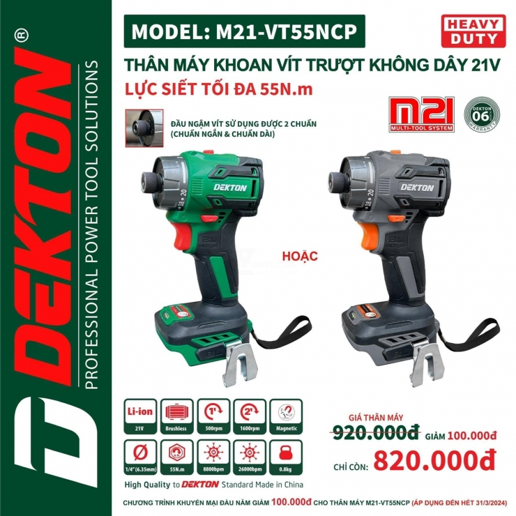 Máy bắn vít PIn 55Nm Dekton M21-VT55NCP Brushless