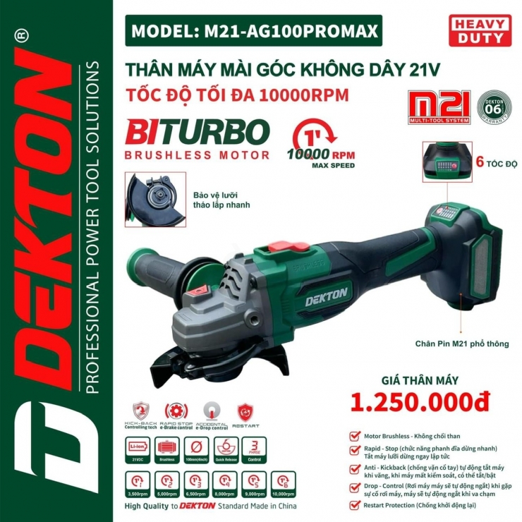 Thân Máy Mài Pin Dekton M21-AG100PROMAX Thế Hệ Mới ( Chưa Pin & Sạc )