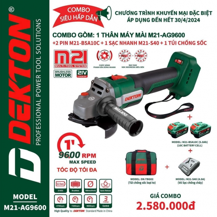 Thân Máy Mài Pin Dekton M21-AG6900 ( Tốc Cao 9600 rpm ) ( Chưa Pin & Sạc )